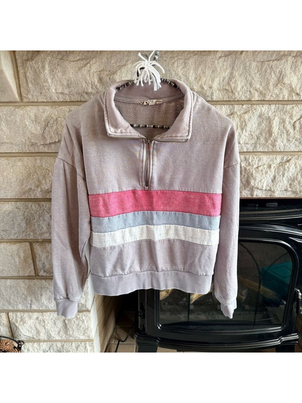 Pink Rose Striped Quarter Zip Sweatshirt Small